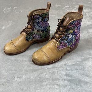 Teysha Boots Womens Size‎ 10.5 Brown Leather Floral Textile Lace Up Ankle Shoes